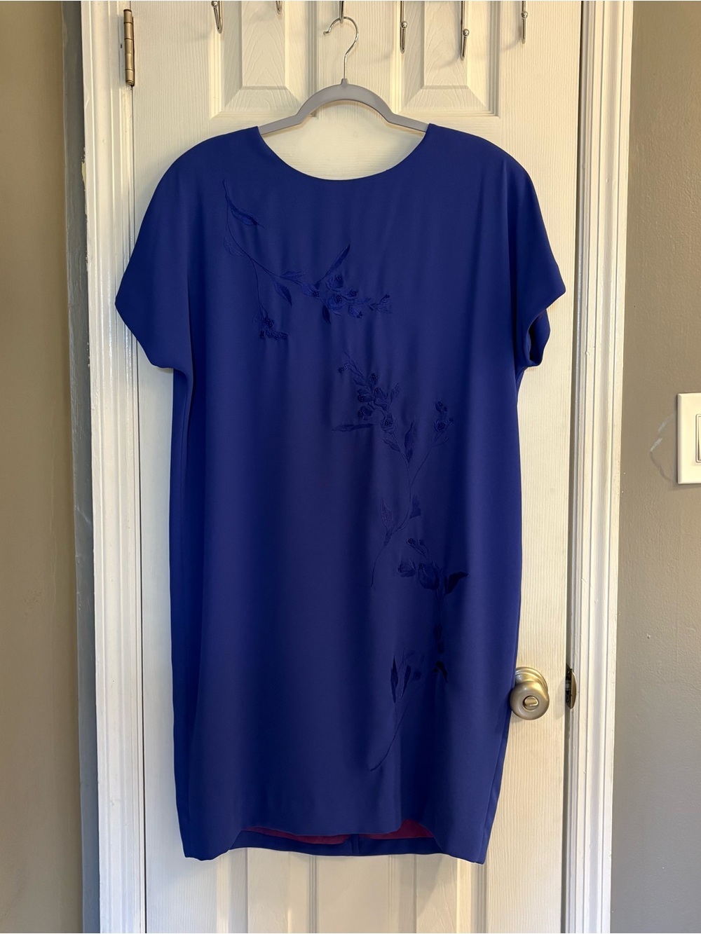Vintage Jones New York Dress Size 14 Blue Flower Embroidered Beaded Midi 90s .